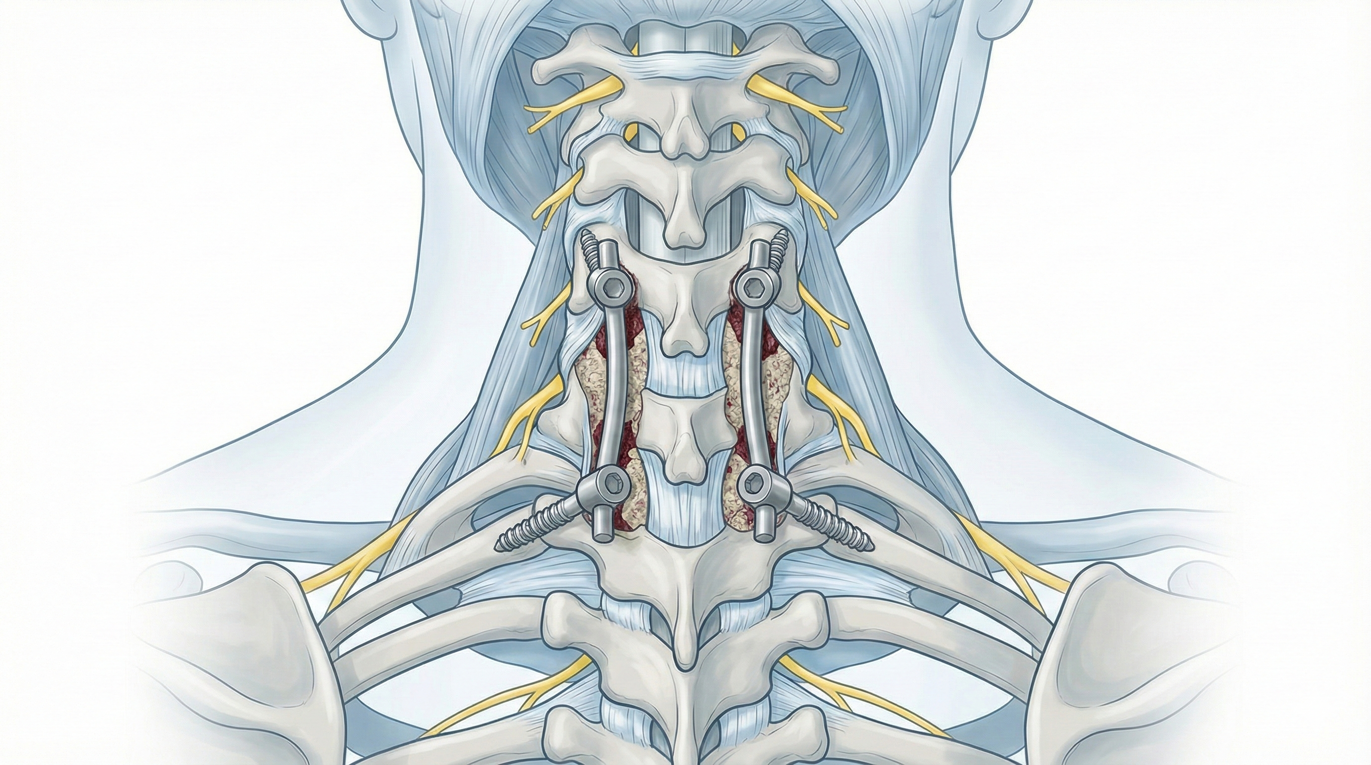 Ilustración posterior de fusión cervicotorácica con tornillos y barras fijando la columna cervical inferior a la torácica, descomprimiendo raíces nerviosas.